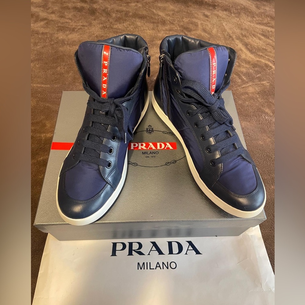 Prada Navy High-Top Sneakers with Red Logo Stripe EUC . Only worn once